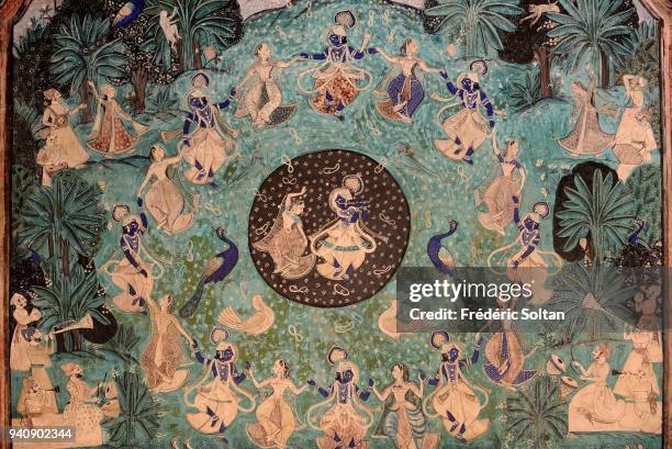 The Bundi Palace in Rajasthan. Mural of the Chitrashala in the Bundi Palace. The Palace is situated on the hillside adjacent to the Taragarh Fort and...