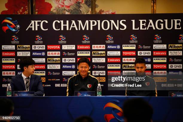 Kashima Antlers head coach Go Oiwa and Hiroki Abe of Kashima Antlers attend a Press Conference ahead during 2018 AFC Champions League at Shanghai...