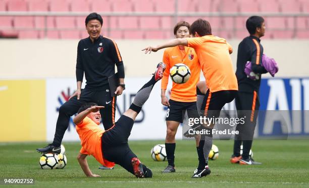 Kashima Antlers head coach Go Oiwa attends a training session ahead during at Shanghai Hongkou Football Stadium on April 2, 2018 in Shanghai, China.