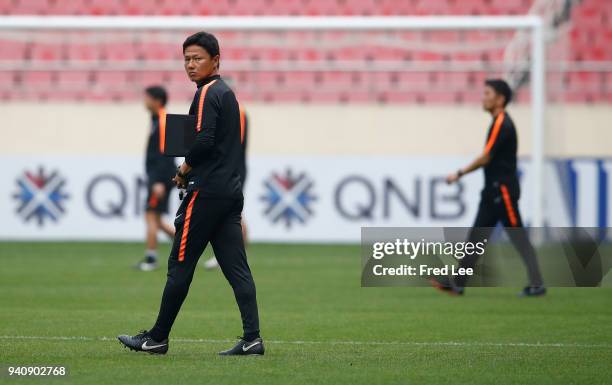 Kashima Antlers head coach Go Oiwa attends a training session ahead during at Shanghai Hongkou Football Stadium on April 2, 2018 in Shanghai, China.