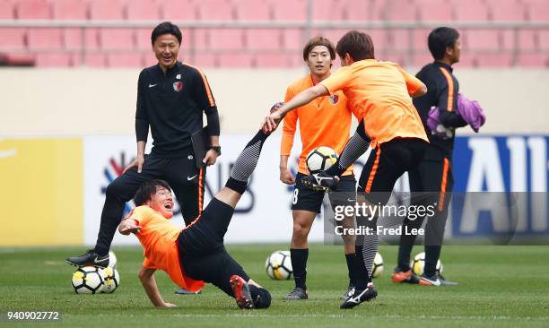 Kashima Antlers head coach Go Oiwa attends a training session ahead during at Shanghai Hongkou Football Stadium on April 2, 2018 in Shanghai, China.