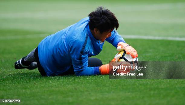 Players of Kashima Antlers attend a training session ahead during at Shanghai Hongkou Football Stadium on April 2, 2018 in Shanghai, China.