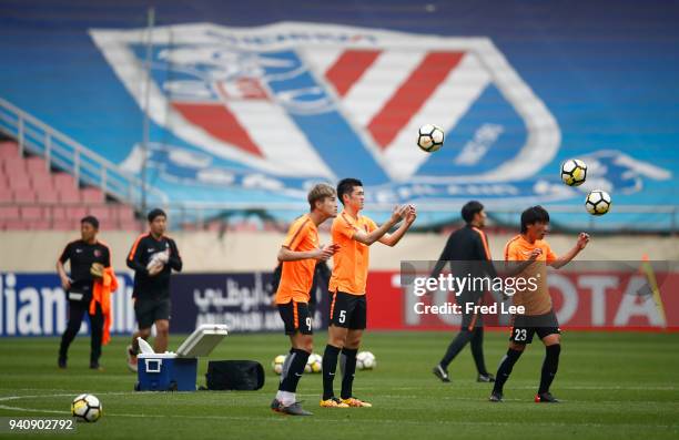 Players of Kashima Antlers attend a training session ahead during at Shanghai Hongkou Football Stadium on April 2, 2018 in Shanghai, China.