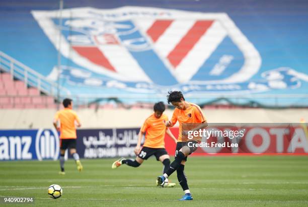 Players of Kashima Antlers attend a training session ahead during at Shanghai Hongkou Football Stadium on April 2, 2018 in Shanghai, China.