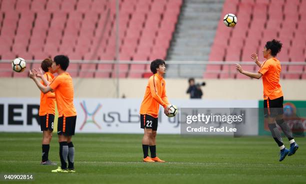 Players of Kashima Antlers attend a training session ahead during at Shanghai Hongkou Football Stadium on April 2, 2018 in Shanghai, China.