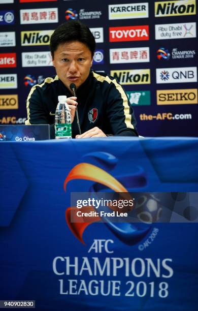 Kashima Antlers head coach Go Oiwa attends a Press Conference ahead during 2018 AFC Champions League at Shanghai Hongkou Football Stadium on April 2,...