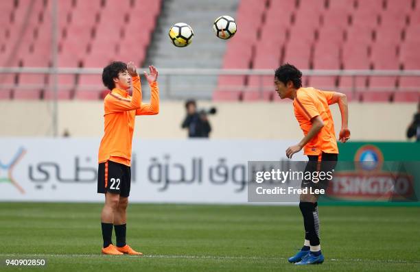 Players of Kashima Antlers attend a training session ahead during at Shanghai Hongkou Football Stadium on April 2, 2018 in Shanghai, China.