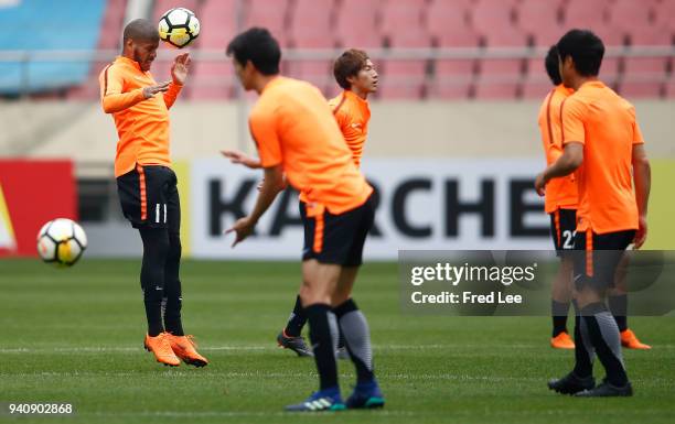 Players of Kashima Antlers attend a training session ahead during at Shanghai Hongkou Football Stadium on April 2, 2018 in Shanghai, China.