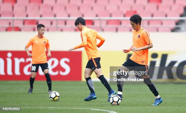Players of Kashima Antlers attend a training session ahead during at Shanghai Hongkou Football Stadium on April 2, 2018 in Shanghai, China.