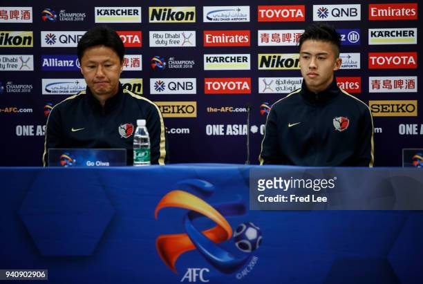 Kashima Antlers head coach Go Oiwa and Hiroki Abe of Kashima Antlers attend a Press Conference ahead during 2018 AFC Champions League at Shanghai...