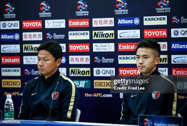 Kashima Antlers head coach Go Oiwa and Hiroki Abe of Kashima Antlers attend a Press Conference ahead during 2018 AFC Champions League at Shanghai...