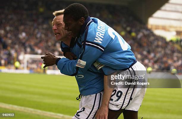 Stuart Pearce and Shaun Wright-Phillips of Manchester City celebrate during the Nationwide League Division One match between Wolverhampton Wanderers...