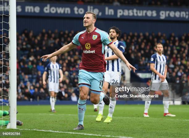 Chris Wood of Burnley celebrates after scoring his sides second goal during the Premier League match between West Bromwich Albion and Burnley at The...