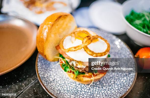 homemade burger with bacon, egg, and fried onion - hanoi bar stock pictures, royalty-free photos & images