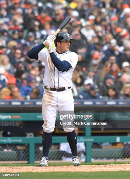 Mikie Mahtook of the Detroit Tigers bats during the Opening Day game against the Pittsburgh Pirates at Comerica Park on March 30, 2018 in Detroit,...