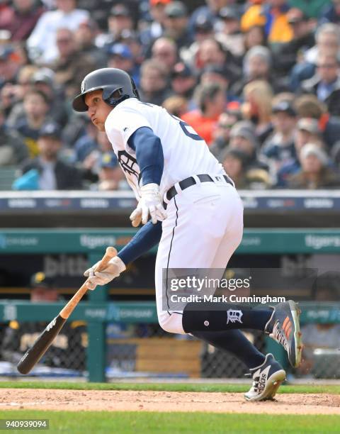 Mikie Mahtook of the Detroit Tigers bats during the Opening Day game against the Pittsburgh Pirates at Comerica Park on March 30, 2018 in Detroit,...