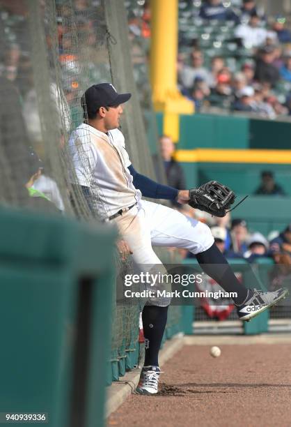 Mikie Mahtook of the Detroit Tigers runs into the new protective netting while trying to catch a foul ball during the Opening Day game against the...