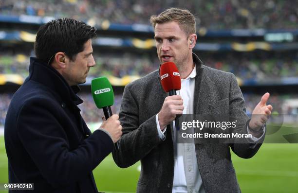 Dublin , Ireland - 1 April 2018; Recently retired Leinster forward Jamie Heaslip giving his opinion to Craig Doyle of BT Sport during half-time of...