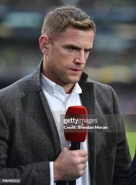 Dublin , Ireland - 1 April 2018; Recently retired Leinster forward Jamie Heaslip giving his opinion on BT Sport during half-time of the European...