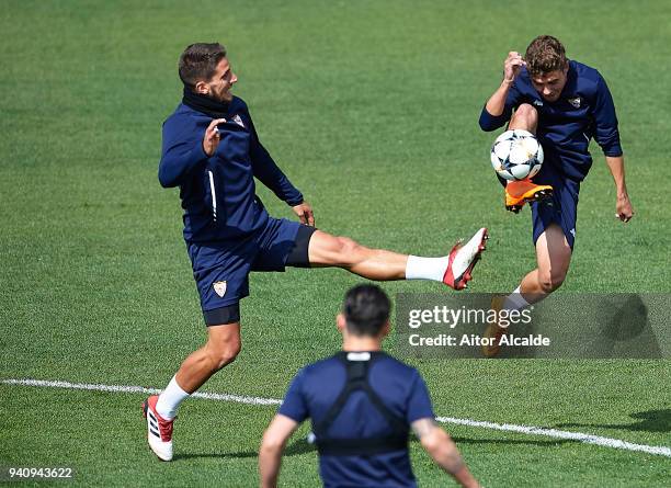 Daniel Carrico of Sevilla FC and Alejandro Pozo of Sevilla FC in in action during the training session prior to their UEFA Champions League match...