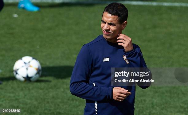 Wissam Ben Yedder of Sevilla FC looks on during the training session prior to their UEFA Champions League match against Bayern Munich at Sevilla FC...