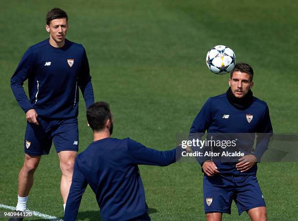 Daniel Carrico of Sevilla FC in action during the training session prior to their UEFA Champions League match against Bayern Munich at Sevilla FC...