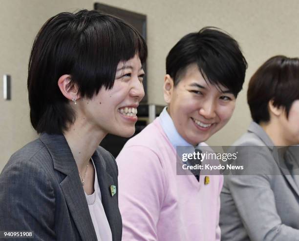 Miho Yamashita and her partner Anri Ishizaki celebrate in Fukuoka on April 2 after the city office authorizes their same-sex partnership. ==Kyodo