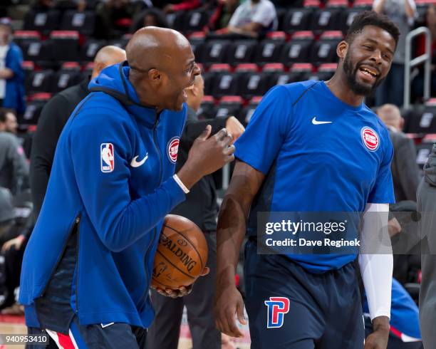 Anthony Tolliver and James Ennis III of the Detroit Pistons have a few laughs in warms up before an NBA game against the Washington Wizards at Little...