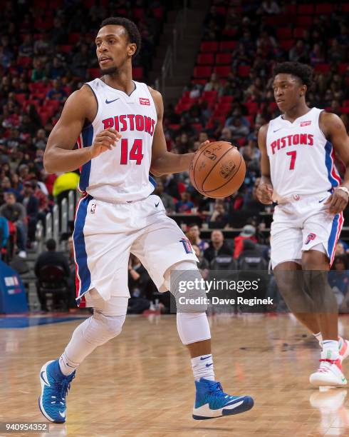 Ish Smith of the Detroit Pistons controls the ball against the Washington Wizards during an NBA game at Little Caesars Arena on March 29, 2018 in...