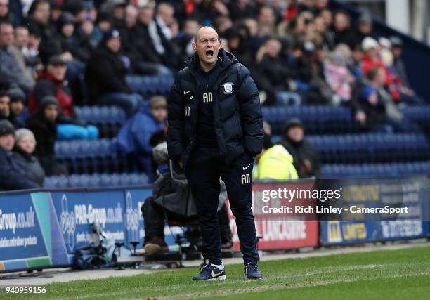 Preston North End manager Alex Neil shouts instructions to his team from the dug-out during the Sky Bet Championship match between Preston North End...