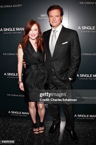Actors Julianne Moore and Colin Firth attend a screening of "A Single Man" hosted by the Cinema Society and Tom Ford at The Museum of Modern Art on...