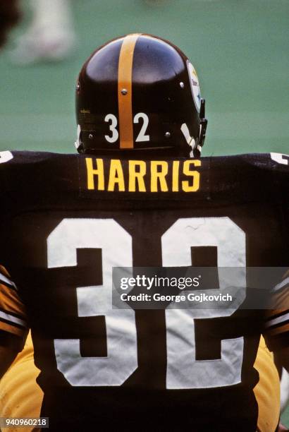 Running back Franco Harris of the Pittsburgh Steelers looks on from the field during a National Football League game at Three Rivers Stadium circa...