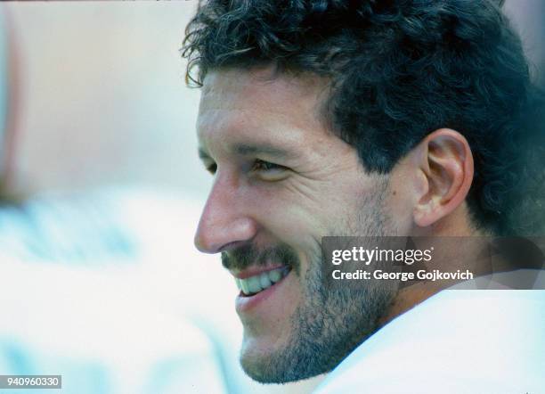 Linebacker Tom Cousineau of the Cleveland Browns smiles as he looks on from the sideline during a game against the New England Patriots at Municipal...