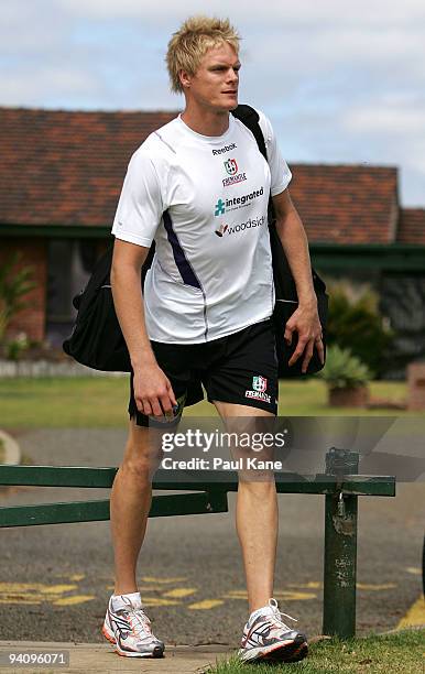 Adam McPhee arrives to train with the Dockers during a Fremantle Dockers AFL training session at Santich Park on December 7, 2009 in Fremantle,...