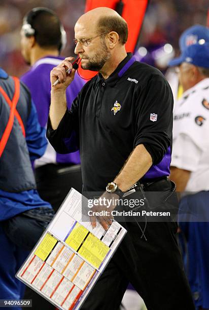 Head coach Brad Childress of the Minnesota Vikings walks on the sidelines during the game against the Arizona Cardinals at University of Phoenix...