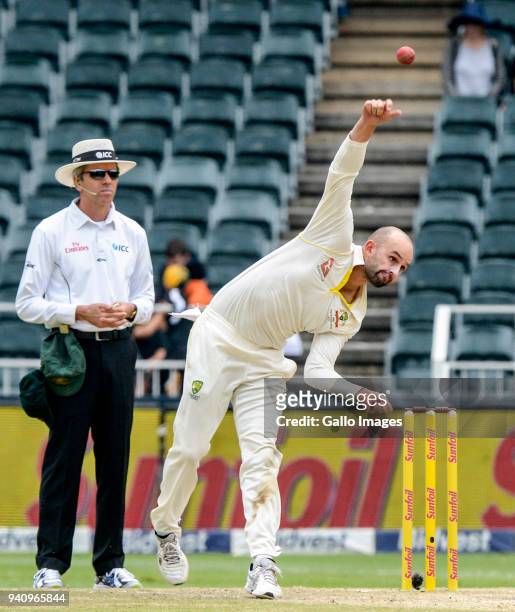 Nathan Lyon of Australia during day 4 of the 4th Sunfoil Test match between South Africa and Australia at Bidvest Wanderers Stadium on April 02, 2018...