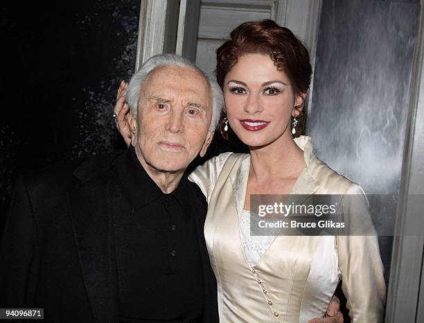 Exclusive Coverage* Kirk Douglas and his daughter in-law Catherine Zeta Jones pose backstage at "A Little Night Music" on Broadway at The Walter Kerr...