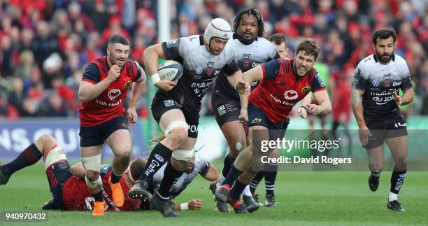 Dave Attwood of Toulon charges upfield during the European Rugby Champions Cup match between Munster Rugby and RC Toulon at Thomond Park on March 31,...