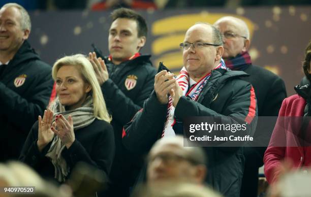 French League LFP President Nathalie Boy de la Tour, Prince Albert II of Monaco, above left Louis Ducruet during the French League Cup final between...