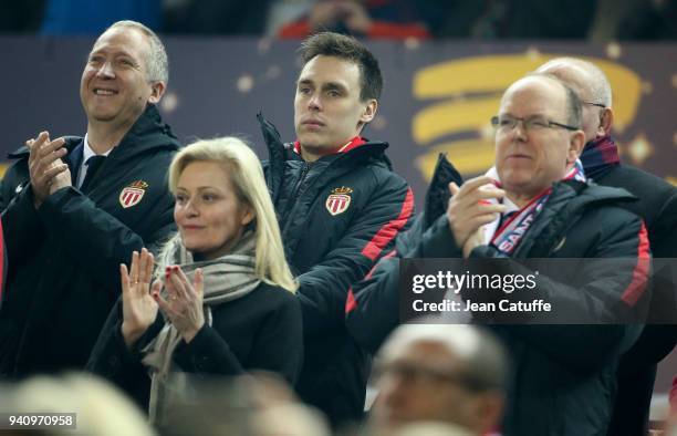 French League LFP President Nathalie Boy de la Tour, Prince Albert II of Monaco, above left Vice-President of AS Monaco Vadim Vasilyev, Louis Ducruet...