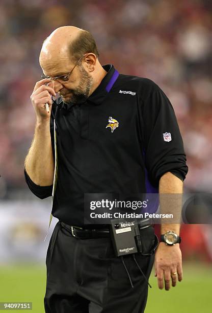 Head coach Brad Childress of the Minnesota Vikings reacts as he walks the sidelines during the NFL game against the Arizona Cardinals at the...