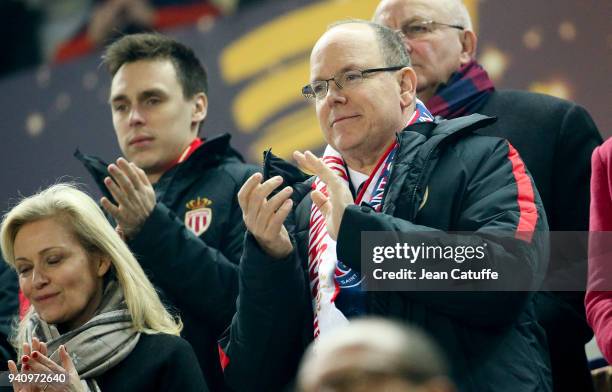 Prince Albert II of Monaco, Louis Ducruet during the French League Cup final between Paris Saint-Germain and AS Monaco on March 31, 2018 in Bordeaux,...