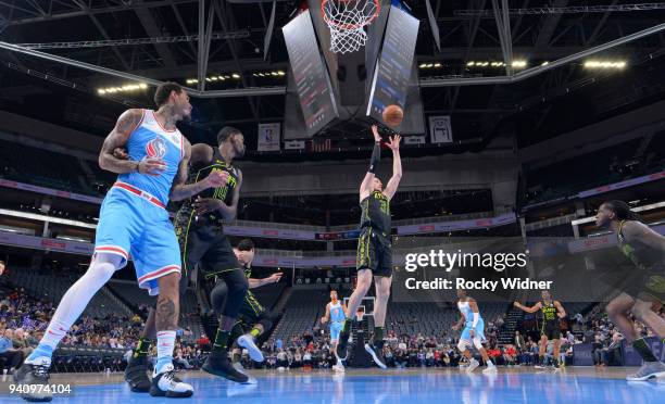 Mike Muscala of the Atlanta Hawks rebounds against the Sacramento Kings on March 22, 2018 at Golden 1 Center in Sacramento, California. NOTE TO USER:...