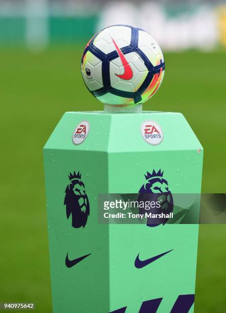 The Nike matchball on the pedestal is seen before the Premier League match between Newcastle United and Huddersfield Town at St. James Park on March...