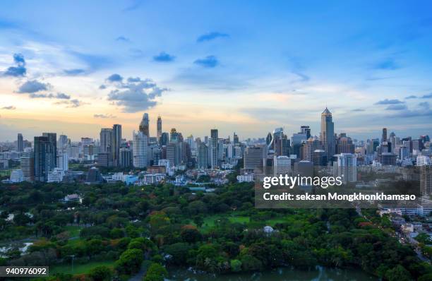 lumpini park and bangkok city building view from roof top bar on hotel, bangkok, thailand - roof top bar foto e immagini stock