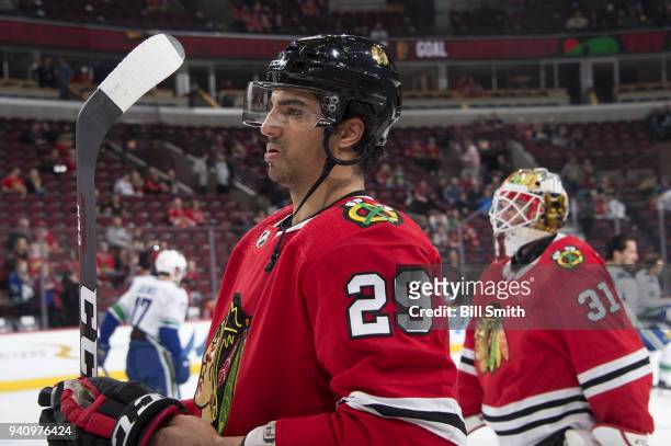 Andreas Martinsen of the Chicago Blackhawks warms up prior to the game against the Vancouver Canucks at the United Center on March 22, 2018 in...