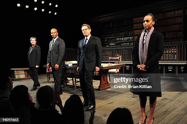 Richard Thomas, David Alan Grier, James Spader, and Kerry Washington take a bow after the Broadway opening night of "Race" at The Ethel Barrymore...
