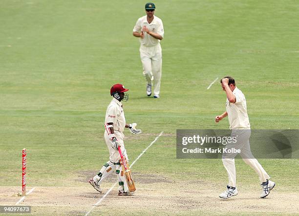 Doug Bollinger of Australia celebrates dismissing Shivnarine Chanderpaul of the West Indies during day four of the Test Match between Australia and...