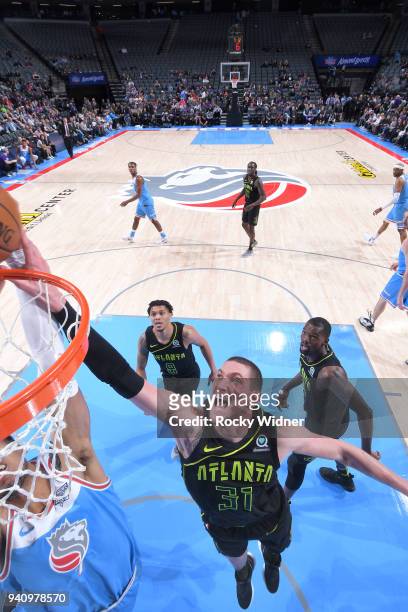 Mike Muscala of the Atlanta Hawks rebounds against the Sacramento Kings on March 22, 2018 at Golden 1 Center in Sacramento, California. NOTE TO USER:...