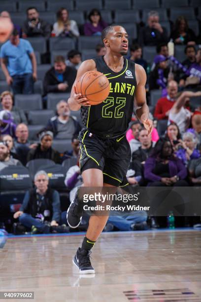 Isaiah Taylor of the Atlanta Hawks brings the ball up the court against the Sacramento Kings on March 22, 2018 at Golden 1 Center in Sacramento,...